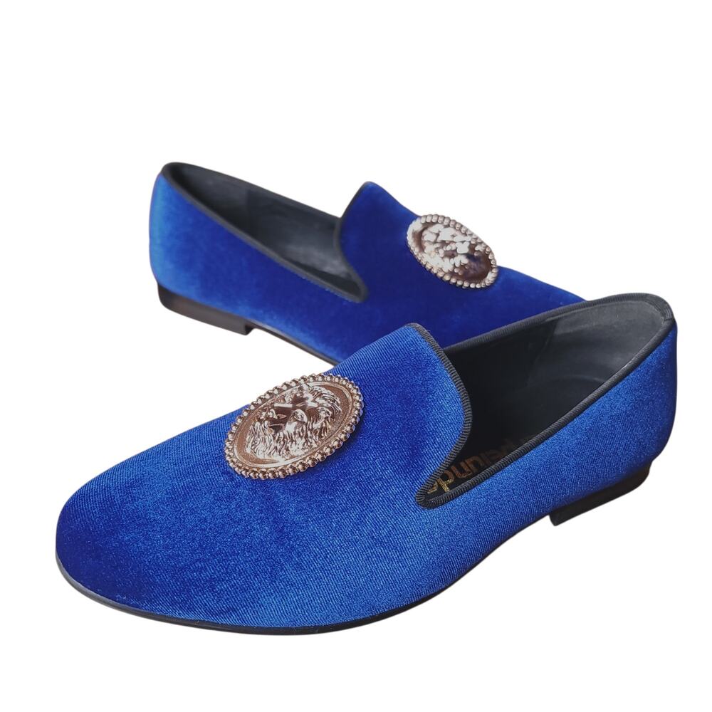 Harpelunde Men's Velvet Loafers Size 6 Dress Shoes Lion Emblem Heel Slip-On